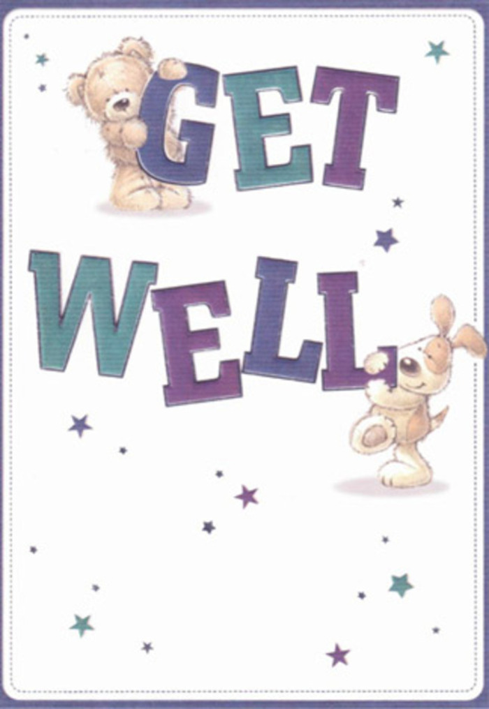 This get well card is a loving tribute to gentle encouragement, led by the heartwarming illustrations of a bear and puppy whose connection mirrors the friendly camaraderie seen daily in Barbican's bustling squares. Playful stars, shimmering in blues and purples, trace paths across the white background, as if scattering well wishes along pathways familiar to Barbican locals. The oversized, confident typography in cool mauves, aquas, and deep teals anchors the composition with cheerful optimism. There's a tactile sense to the little details: the bear's soft, brush-textured fur and the velvety ears of the puppy are rendered so invitingly, they echo the comfort of silk ribbon around a fresh bouquet carefully assembled by Florist Barbican. The scene conjures the idea of sending this card alongside a flourishing arrangement-offering double doses of hope and encouragement for loved ones living in flats above the Beech Street tunnel or working near the Barbican Centre. Uplifting and light, the design radiates a sense of reassurance that's ageless, perfectly suited to brightening anyone's path to recovery.