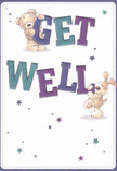 Infused with cheer and heartfelt warmth, this get well card leaps off the page with two loveable characters-a cuddly teddy bear and a playful puppy-each engaging tenderly with the large, bold letters spelling 'Get Well'. The palette of indigos, teals, and soft violets used in the lettering stands out vividly on a pristine cream-coloured background, creating an airy, uplifting atmosphere. The layers of illustrated fur and expressive eyes instantly exude a comforting, almost tangible sense of embrace, reminiscent of the plush bouquets expertly crafted in Barbican's neighbourhood shops. Across the top and sides, twinkling stars in varied purples and blues bring whimsy and hope, much like little touches of floral detail added by a thoughtful local florist near the Barbican Estate. The overall scene is designed to impart not just good wishes, but a sense of genuine kindness and a gentle push toward wellness-ideal for sending a smile and lifting spirits whether to a colleague in an office by Fann Street or a friend recuperating at home nearby.